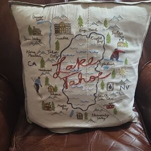 Pottery Barn Lake Tahoe Embroidered Decorative Pillow - Cream with Red Script